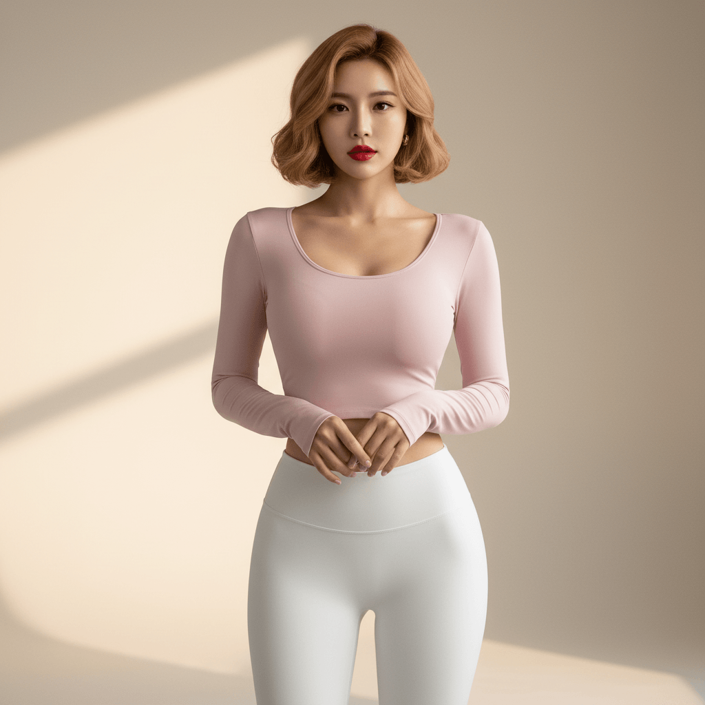 Top dos ouvert croisé femme rose pâle manches longues – vue de face mains jointes, décolleté scoop, legging blanc assorti, femme blonde carré wavy fond studio ivoire