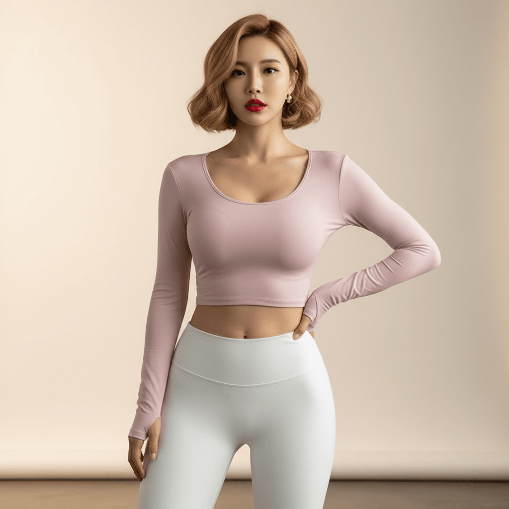 Top dos ouvert croisé femme rose pâle manches longues – vue trois-quarts dos, décolleté V dos ouvert, legging blanc assorti, femme blonde carré wavy fond studio ivoire