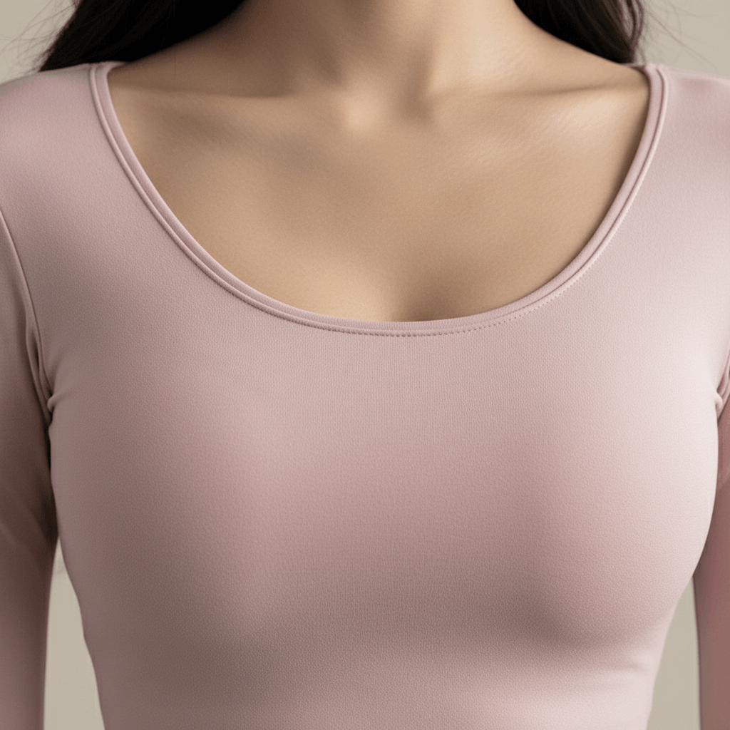 Top dos ouvert croisé femme rose pâle manches longues – zoom détail col en U scoop neck, finitions premium, fond studio ivoire