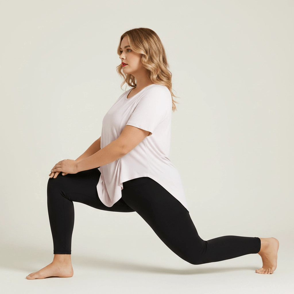  Top de yoga femme grande taille rose pâle porté lors d'un étirement en fente basse, démontrant la souplesse et la coupe adaptée aux morphologies pulpeuses.