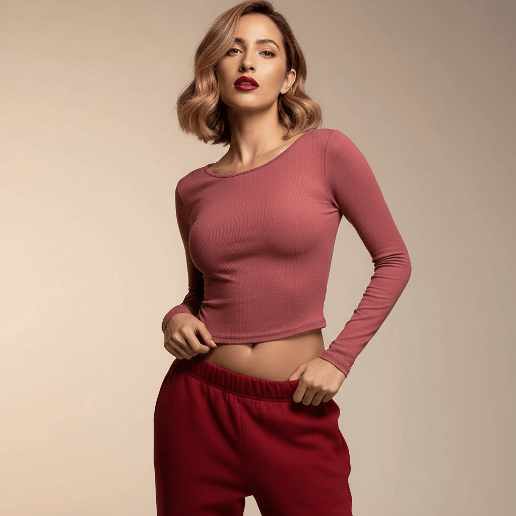 Tshirt manche longue femme dos nu crop rose – pose glam face, encolure large, jogger bordeaux assorti, fond studio ivoire