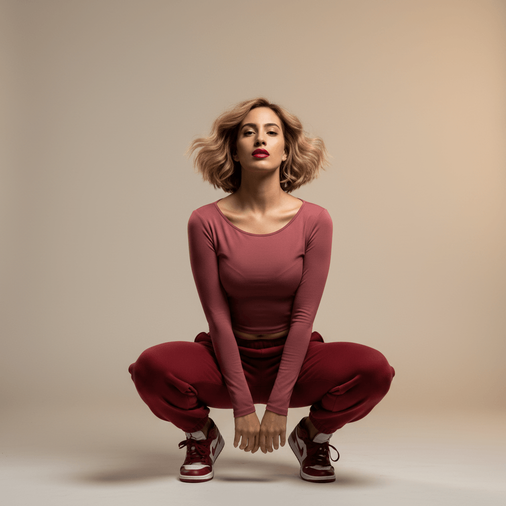 Tshirt manche longue femme dos nu crop rose – pose squat dynamique puissante, jogger bordeaux assorti, fond studio ivoire