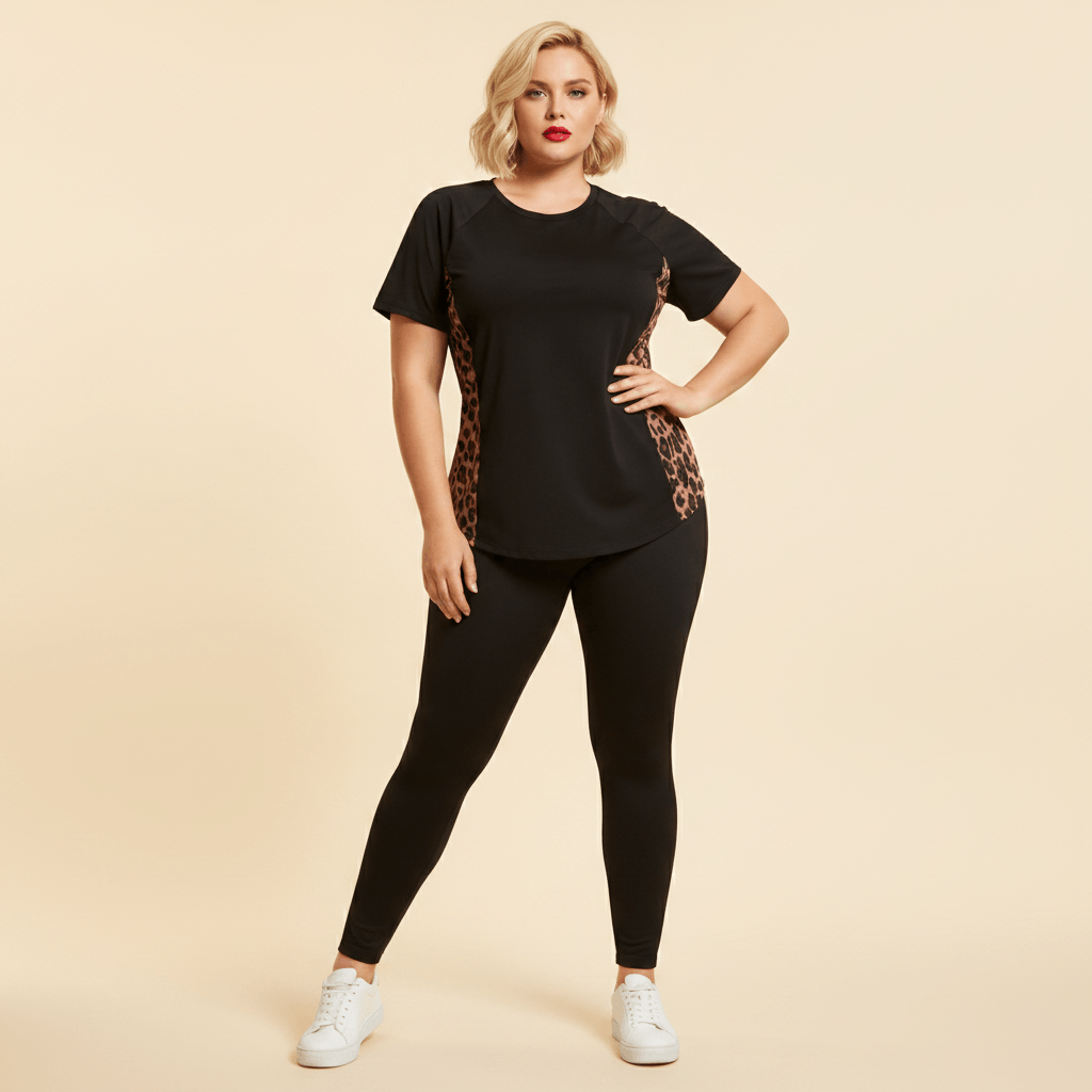 Tshirt sport femme grande taille noir empiècements maille léopard pose fashion éditoriale fond studio crème
