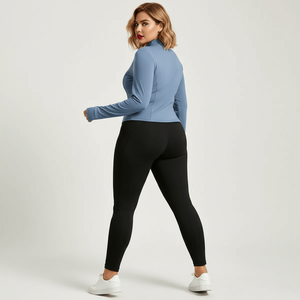Veste de sport grande taille femme bleu-gris zippée, col montant, coupe cintrée au dos, vue de dos visage tourné vers la caméra, legging noir.