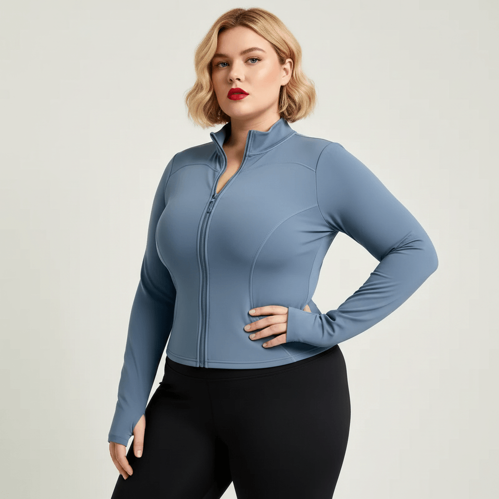 Veste de sport grande taille femme bleu-gris zippée, col montant, coupe cintrée, vue de face trois-quarts main sur la hanche, legging noir et baskets blanches.