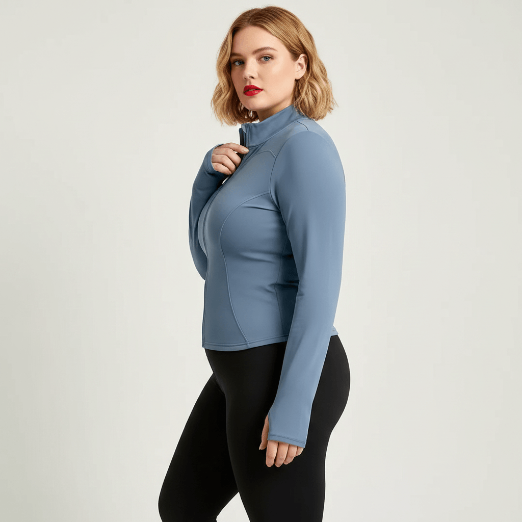 Veste de sport grande taille femme bleu-gris zippée, col montant et coupe ajustée cintrée, vue de profil visage vers la caméra, legging noir.