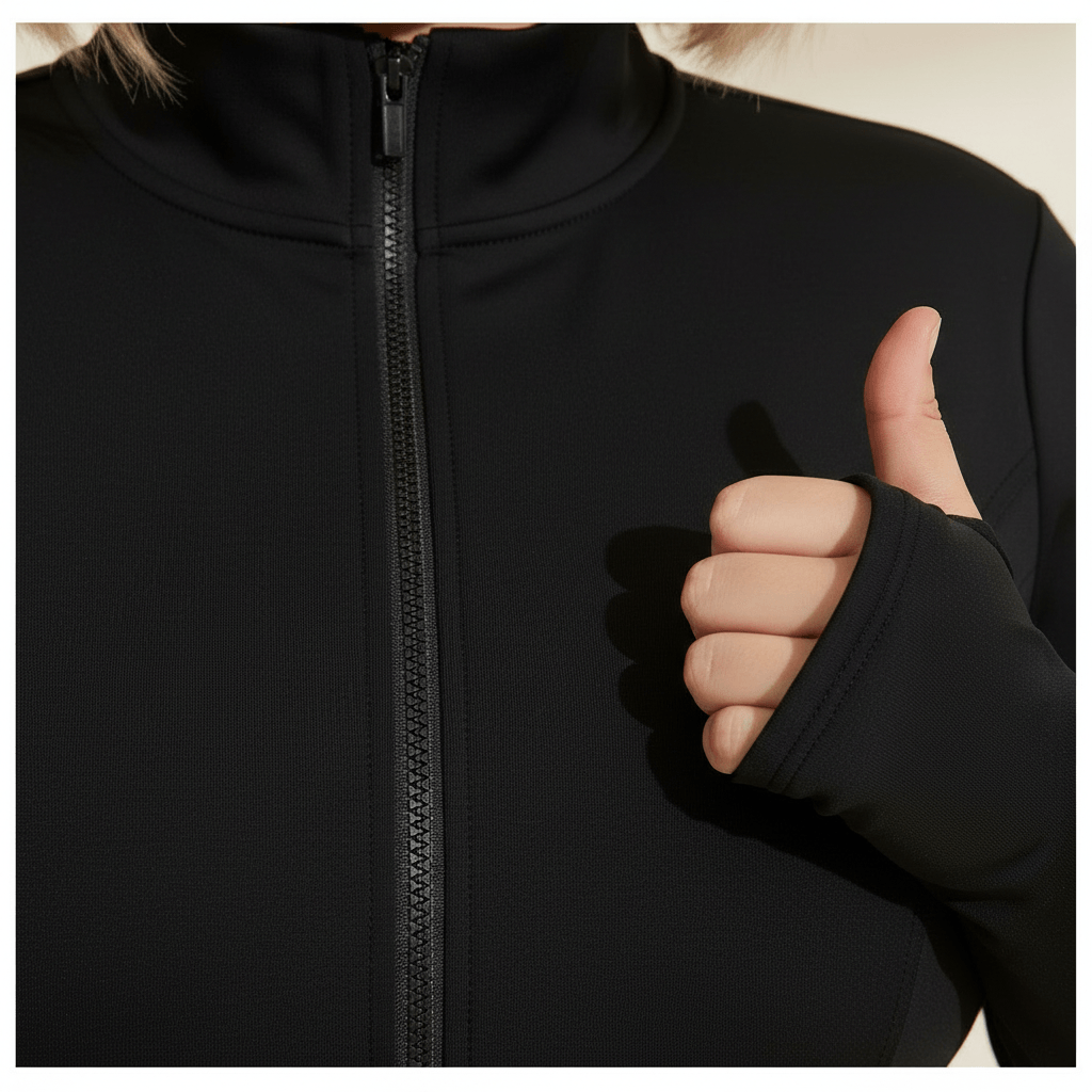 Gros plan sur la taille côtelée et la fermeture éclair d'une veste de sport grande taille noire