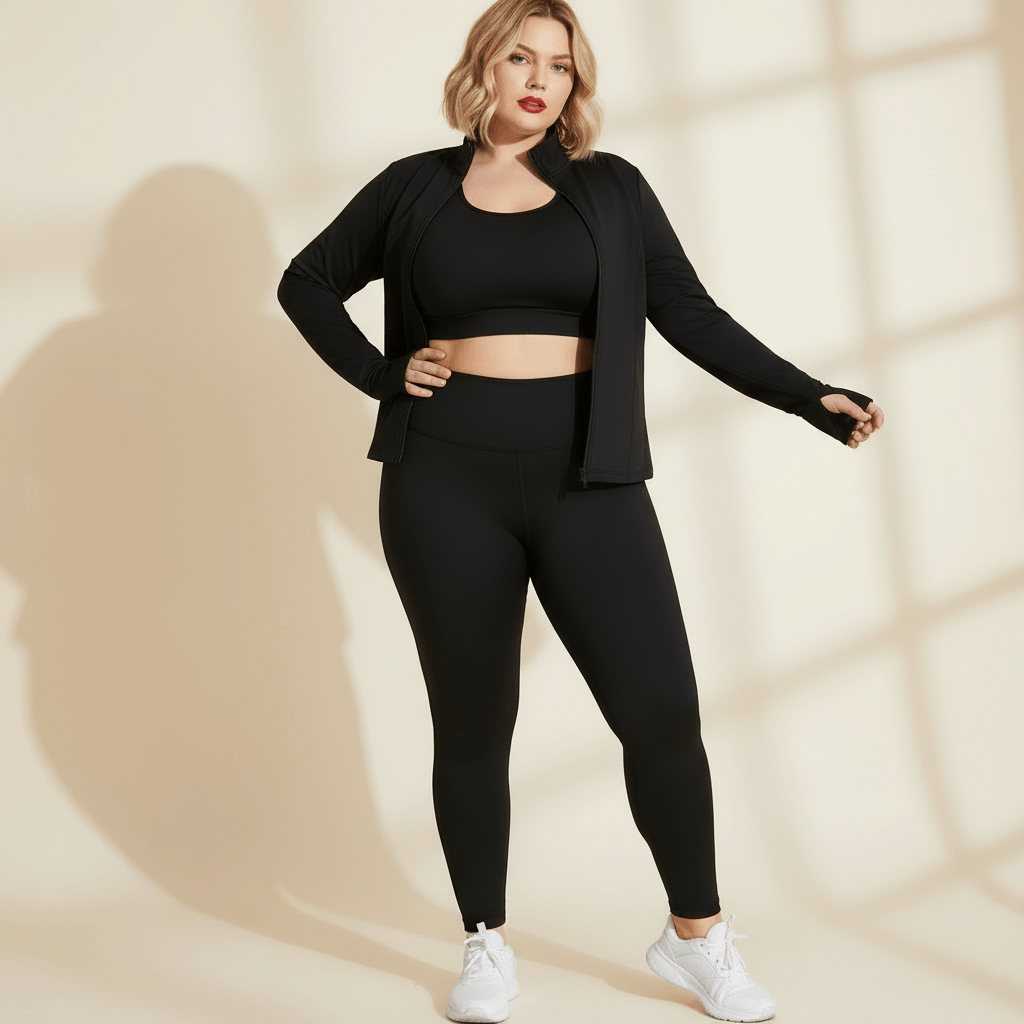 Veste de sport grande taille noire portée ouverte sur une brassière, allure fashion sport, fond studio crème