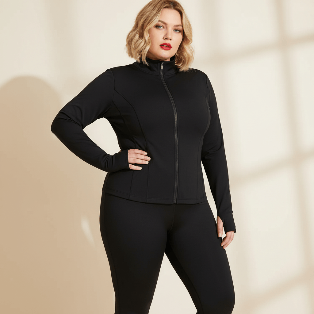 Veste de sport grande taille noire zippée taille cintrée, vue de trois-quarts sur fond studio crème