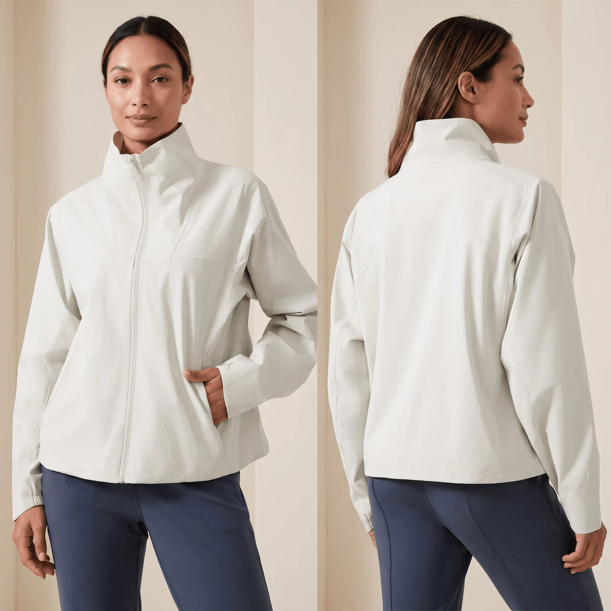 Veste running femme blanc creme vue de face et de dos - Positiflow
