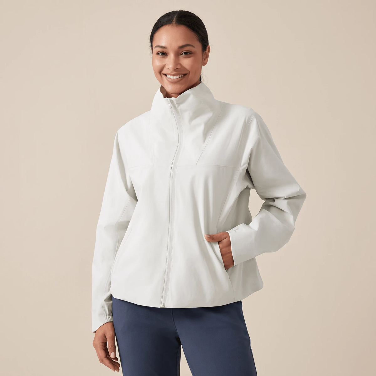 Veste running femme impermeable blanc creme, col montant et fermeture eclair pleine longueur - Positiflow