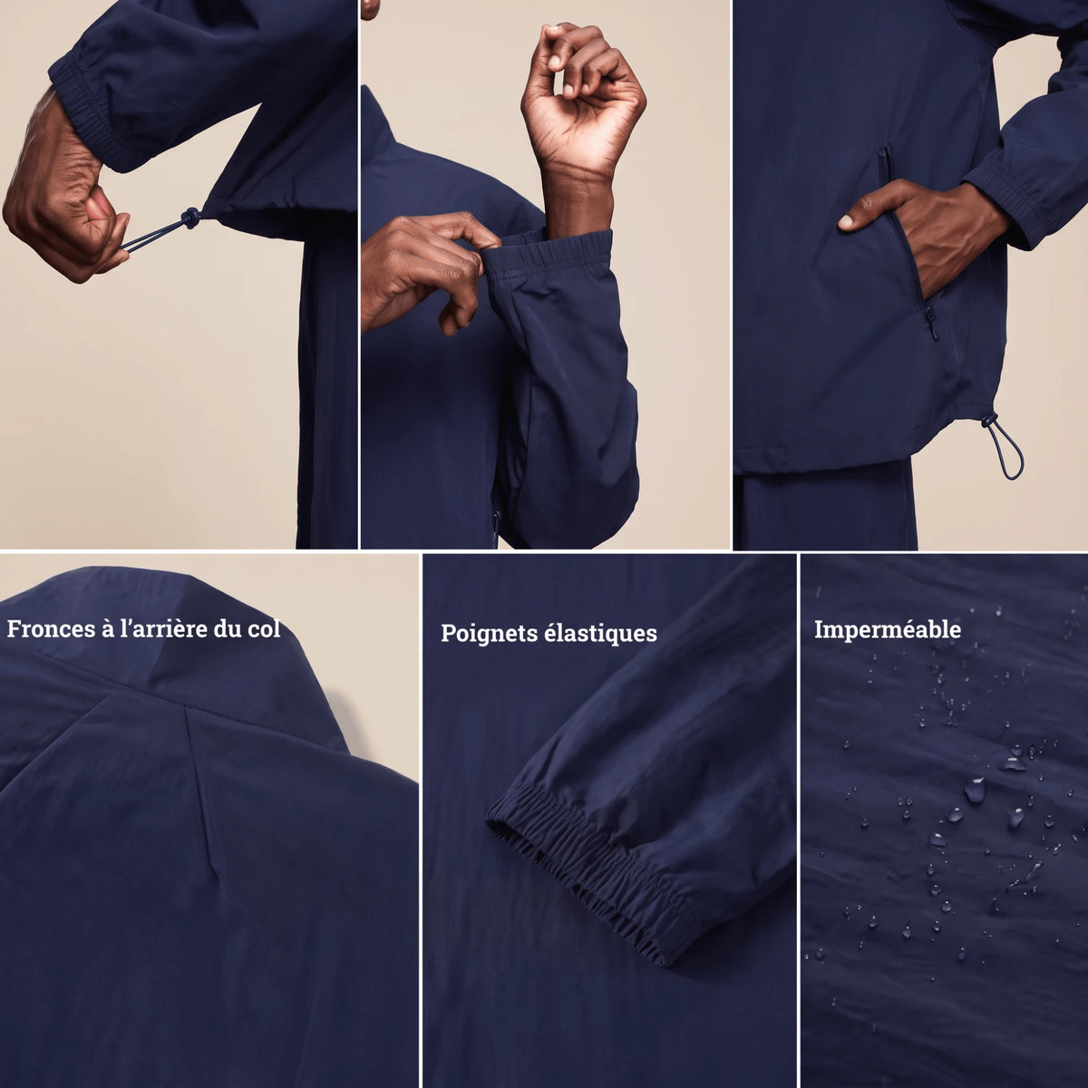 Détails de la veste running femme imperméable : cordon de serrage, poignets élastiques, fronces du col et tissu imperméable