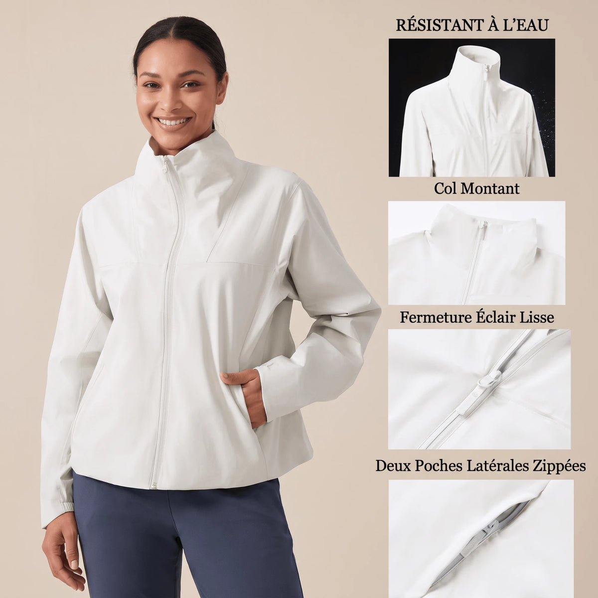 Details de la veste sport femme : col montant, fermeture eclair lisse et deux poches laterales zippees - Positiflow