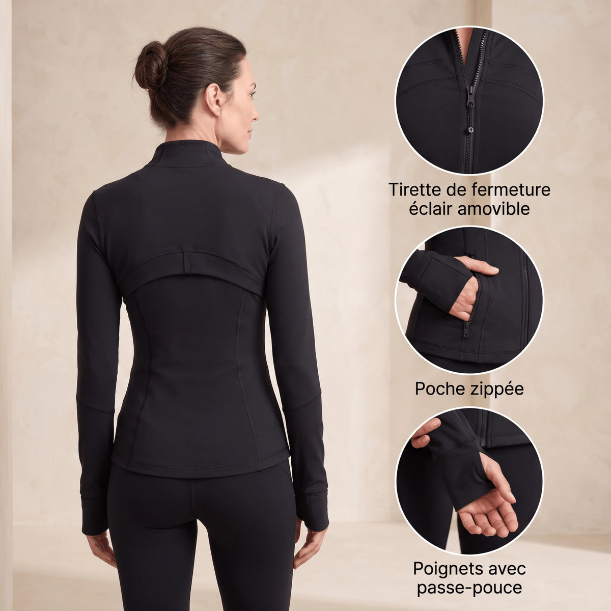 Détails de la veste sport femme : tirette de fermeture éclair amovible, poche zippée et poignets avec passe-pouce