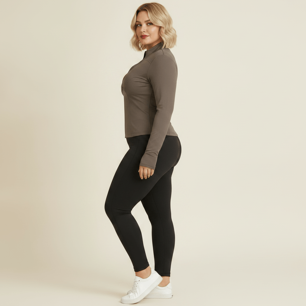 Veste sport grande taille femme taupe coupe ajustée, vue de profil sur fond studio crème