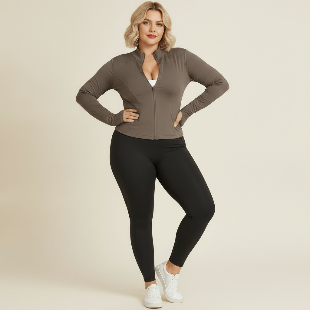 Veste sport grande taille femme taupe zippée col montant, vue de face sur fond studio crème