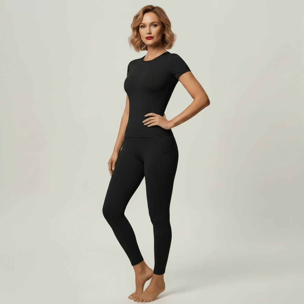 Vêtement crossfit femme — ensemble 2 pièces noir, t-shirt manches courtes et legging taille haute, pose 3/4 glamour studio