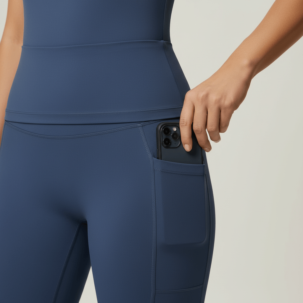 Vêtement crossfit femme — zoom poche latérale téléphone legging taille haute bleu marine ardoise, détail fonctionnel studio