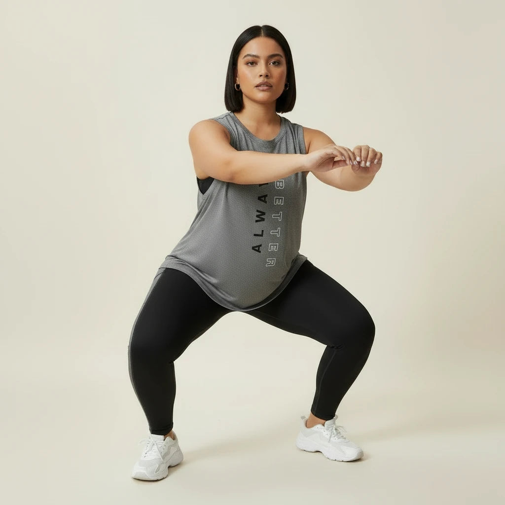 Tenue de sport grande taille femme en mouvement pendant un squat, le débardeur reste en place