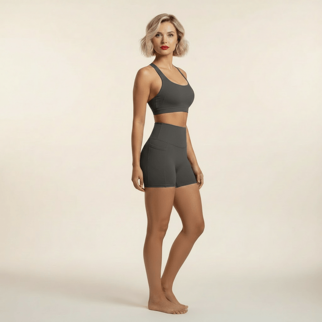 Vêtement de yoga femme ensemble 2 pièces gris foncé vue de profil, short taille haute poche latérale téléphone