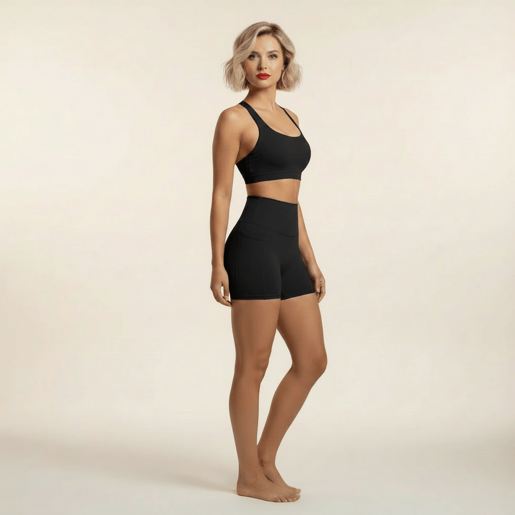 Vêtement de yoga femme ensemble 2 pièces noir vue de profil, short taille haute poche latérale téléphone